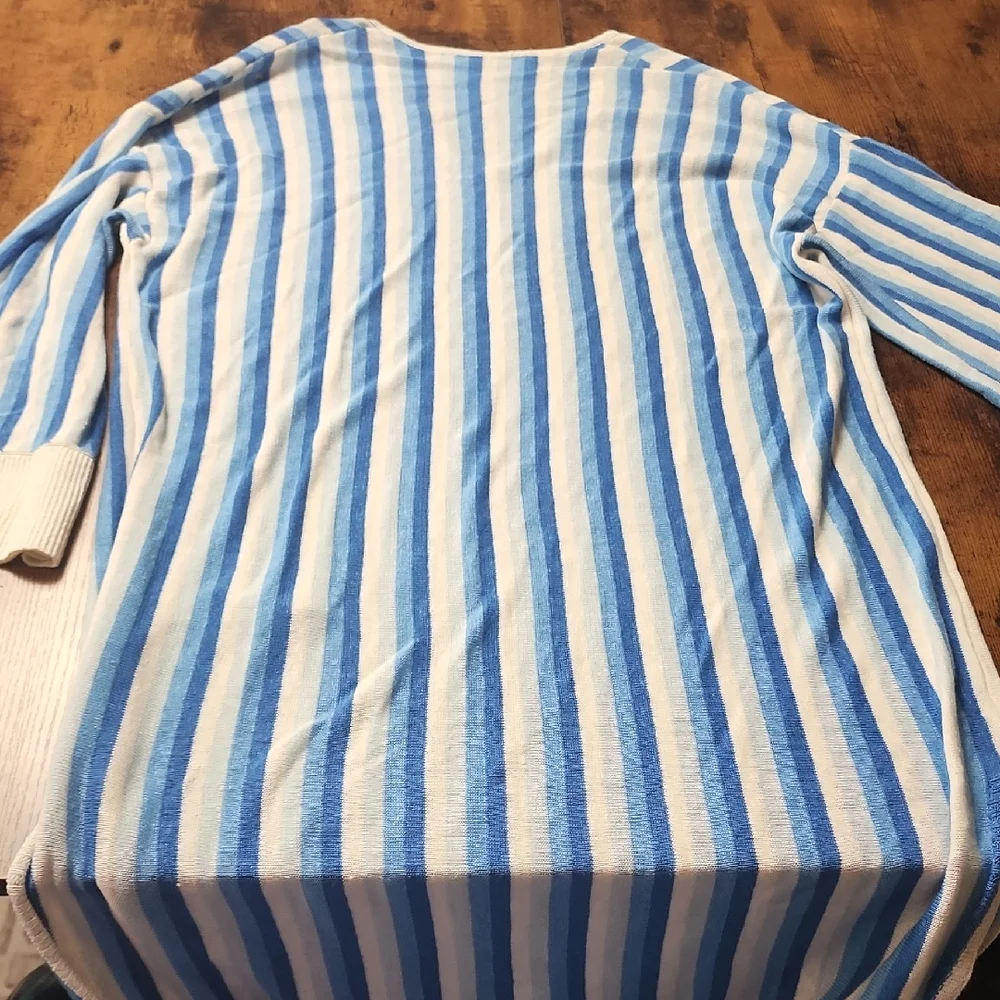 ZARA | Linen Knit Striped V-Neck Tunic Dress Swim Cover Up Blue Cream Beach | M